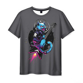 Мужская футболка 3D с принтом Дьявольский рок , 100% полиэфир | прямой крой, круглый вырез горловины, длина до линии бедер | cat | guitar | гитара | гитарист | космос | кот | кошка | музыка | рок | рок н ролл | рокер | русский рок
