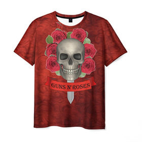 Мужская футболка 3D с принтом Gans N Roses , 100% полиэфир | прямой крой, круглый вырез горловины, длина до линии бедер | gans n roses | группа | исполнители | меч | музыка | песни | розы | рок группа | череп