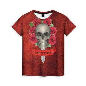 Женская футболка 3D с принтом Gans N Roses , 100% полиэфир ( синтетическое хлопкоподобное полотно) | прямой крой, круглый вырез горловины, длина до линии бедер | gans n roses | группа | исполнители | меч | музыка | песни | розы | рок группа | череп