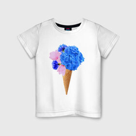Детская футболка хлопок с принтом Мороженое букет , 100% хлопок | круглый вырез горловины, полуприлегающий силуэт, длина до линии бедер | Тематика изображения на принте: flowers | василек | вафля | гортензия | магнолия | рожок | розовый | синий | цветы
