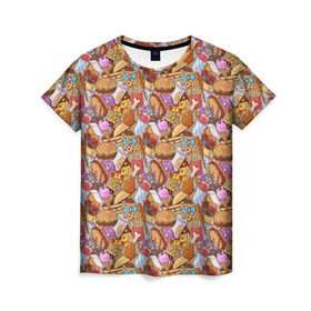 Женская футболка 3D с принтом Фастфуд , 100% полиэфир ( синтетическое хлопкоподобное полотно) | прямой крой, круглый вырез горловины, длина до линии бедер | Тематика изображения на принте: бурито | вкусняшка | вок | гамбургер | еда я люблю тебя | жарить | жир | курица | лапша | макдак | мороженое | нагетсы | пицца | пончики | салями | смайл | фри | хотдог | шаурма