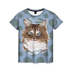 Женская футболка 3D с принтом Мейн-Кун , 100% полиэфир ( синтетическое хлопкоподобное полотно) | прямой крой, круглый вырез горловины, длина до линии бедер | Тематика изображения на принте: cat | kitten | kitty | maine coon | pet | арт | животные | коты | кошки | кружочки | мейн кун | текстура