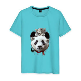 Мужская футболка хлопок с принтом Панда и котенок , 100% хлопок | прямой крой, круглый вырез горловины, длина до линии бедер, слегка спущенное плечо. | cat | panda | добро | друг | животные | кот | котенок | кошка | лучший | медведь | милый | мишка | нежный | панда