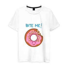 Мужская футболка хлопок с принтом Укуси меня , 100% хлопок | прямой крой, круглый вырез горловины, длина до линии бедер, слегка спущенное плечо. | bart | donut | food | homer | simpsons | аппетит | барт | гомер | еда | мультфильм | пончик | симпсоны | сладкий