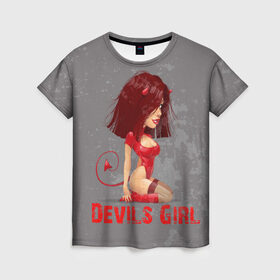 Женская футболка 3D с принтом Devils Girl , 100% полиэфир ( синтетическое хлопкоподобное полотно) | прямой крой, круглый вырез горловины, длина до линии бедер | Тематика изображения на принте: devils girl |   дьявол | грешница | люцифер | сатана