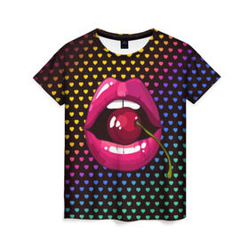 Женская футболка 3D с принтом Pop art , 100% полиэфир ( синтетическое хлопкоподобное полотно) | прямой крой, круглый вырез горловины, длина до линии бедер | cherry | colorful | fashion | funny | gesture | lips | lipstick | makeup | mouth | pop art | rainbow | style | веселый | вишенка | вишня | губы | жест | зубы | клубный | любовь | макияж | мода | помада | поп арт | прикольный | радуга | рот | стиль | страс