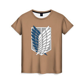 Женская футболка 3D с принтом Атака Титанов (эмблема) #3 , 100% полиэфир ( синтетическое хлопкоподобное полотно) | прямой крой, круглый вырез горловины, длина до линии бедер | attack on titan | shingeki no kyojin | атака титанов | белый | коричневый | серый | синий | эмблема разведчиков
