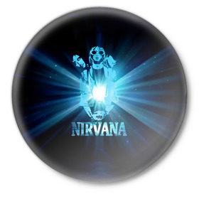 Значок с принтом Группа Nirvana ,  металл | круглая форма, металлическая застежка в виде булавки | kurt cobain | nirvana | вечная память | гитара | гранж | кумир | курт кобейн | лучи | микрофон | музыкант | надпись | нирвана | певец | рок | свет