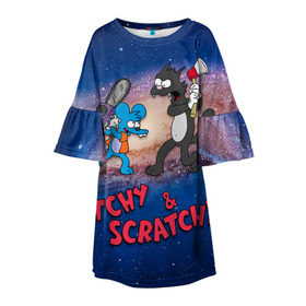 Детское платье 3D с принтом Itchy & Scratchy space , 100% полиэстер | прямой силуэт, чуть расширенный к низу. Круглая горловина, на рукавах — воланы | simpsons | the itchy  scratchy | симпсоны | щекотка и царапка
