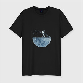 Мужская футболка премиум с принтом Стрижет луну , 92% хлопок, 8% лайкра | приталенный силуэт, круглый вырез ворота, длина до линии бедра, короткий рукав | газонокосилка | звезды | космонавт | космос | луна | луны | поверхность | пузыри | рисунок | скафандр | фантастика