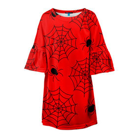 Детское платье 3D с принтом Happy Halloween , 100% полиэстер | прямой силуэт, чуть расширенный к низу. Круглая горловина, на рукавах — воланы | Тематика изображения на принте: белый | паук | паутина | узор | хэллоуин | черный