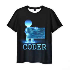 Мужская футболка 3D с принтом Coder - программист кодировщик , 100% полиэфир | прямой крой, круглый вырез горловины, длина до линии бедер | it | programmer | голова | загрузка | код | надпись | неоновый | ноги | программный | руки | светящийся | страница | технологии | хакер | человек | человечек | шифровальщик | экран