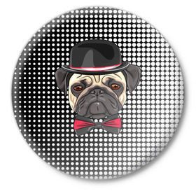Значок с принтом Mr. Pug ,  металл | круглая форма, металлическая застежка в виде булавки | Тематика изображения на принте: animal | dog | pet | pug | puppy | арт | горошек | джентльмен | животные | кружочки | мопс | мопсик | пес | собаки | текстура | французский бульдог
