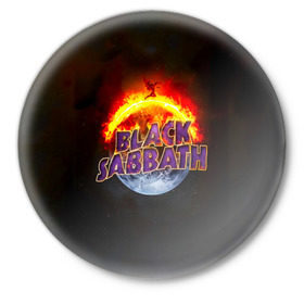 Значок с принтом Black Sabbath земля в огне ,  металл | круглая форма, металлическая застежка в виде булавки | black sabbath | группа | метал | надпись | оззи | осборн | хард рок | хеви метал
