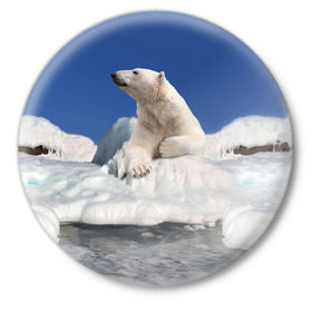 Значок с принтом Арктика ,  металл | круглая форма, металлическая застежка в виде булавки | Тематика изображения на принте: animals | bear | ice | nature | polar bear | power | travel | белый медведь | животные | лёд | медведь | природа | путешествия | сила | снег
