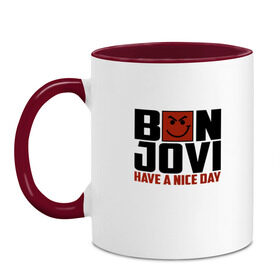 Кружка двухцветная с принтом Bon Jovi, have a nice day , керамика | объем — 330 мл, диаметр — 80 мм. Цветная ручка и кайма сверху, в некоторых цветах — вся внутренняя часть | bon jovi | бон | бон джови | глэм | группа | джови | джон | метал | рок | хард