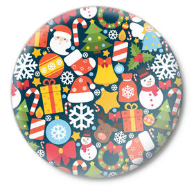 Значок с принтом Новогодний набор ,  металл | круглая форма, металлическая застежка в виде булавки | new year | елка | новый год | подарок | снеговик | снежинка