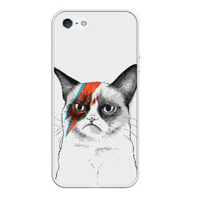 Чехол для iPhone 5/5S матовый с принтом Grumpy cat (David Bowie) , Силикон | Область печати: задняя сторона чехла, без боковых панелей | бодиарт | грумпи | дэвид боуи | злой кот | интернет | котей | котик | кошка | мем | мемас | мемчик. | молния на лице | рисунок на лице | сердитый