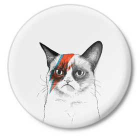 Значок с принтом Grumpy cat (David Bowie) ,  металл | круглая форма, металлическая застежка в виде булавки | Тематика изображения на принте: бодиарт | грумпи | дэвид боуи | злой кот | интернет | котей | котик | кошка | мем | мемас | мемчик. | молния на лице | рисунок на лице | сердитый