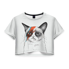 Женская футболка 3D укороченная с принтом Grumpy cat (David Bowie) , 100% полиэстер | круглая горловина, длина футболки до линии талии, рукава с отворотами | Тематика изображения на принте: бодиарт | грумпи | дэвид боуи | злой кот | интернет | котей | котик | кошка | мем | мемас | мемчик. | молния на лице | рисунок на лице | сердитый