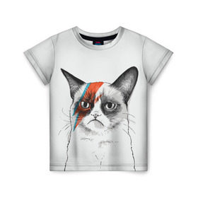 Детская футболка 3D с принтом Grumpy cat (David Bowie) , 100% гипоаллергенный полиэфир | прямой крой, круглый вырез горловины, длина до линии бедер, чуть спущенное плечо, ткань немного тянется | бодиарт | грумпи | дэвид боуи | злой кот | интернет | котей | котик | кошка | мем | мемас | мемчик. | молния на лице | рисунок на лице | сердитый