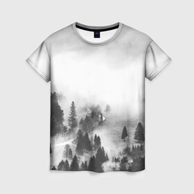 Женская футболка 3D с принтом Лес и туман , 100% полиэфир ( синтетическое хлопкоподобное полотно) | прямой крой, круглый вырез горловины, длина до линии бедер | black and white | лес | лес и туман | туман | чернобелый  фон | чернобелый лес