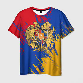 Мужская футболка 3D с принтом Герб и флаг Армении , 100% полиэфир | прямой крой, круглый вырез горловины, длина до линии бедер | Тематика изображения на принте: армения | герб армении | герб и флаг армении | флаг армении