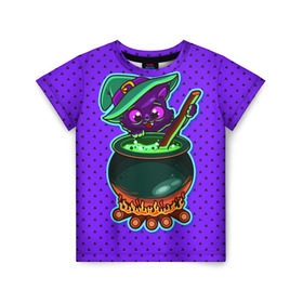 Детская футболка 3D с принтом Кошка-ведьмочка , 100% гипоаллергенный полиэфир | прямой крой, круглый вырез горловины, длина до линии бедер, чуть спущенное плечо, ткань немного тянется | halloween | helloween | ведунья | ведьма | зелье | кот | котел | котик | кошка | магия | хеллоуин | хэллоуин