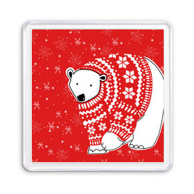 Магнит 55*55 с принтом Белый медведь в свитере , Пластик | Размер: 65*65 мм; Размер печати: 55*55 мм | Тематика изображения на принте: red | snow | snowflakes | stars | sweater | white bear | winter | белый медведь | звезды | зима | красный | снег | снежинки