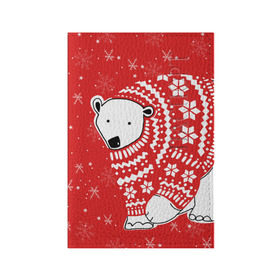 Обложка для паспорта матовая кожа с принтом Белый медведь в свитере , натуральная матовая кожа | размер 19,3 х 13,7 см; прозрачные пластиковые крепления | Тематика изображения на принте: red | snow | snowflakes | stars | sweater | white bear | winter | белый медведь | звезды | зима | красный | снег | снежинки