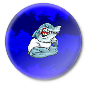 Значок с принтом aggressive shark ,  металл | круглая форма, металлическая застежка в виде булавки | Тематика изображения на принте: абстракция | акула | краски | синий | темносиний