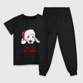 Детская пижама хлопок с принтом Собака Санта , 100% хлопок |  брюки и футболка прямого кроя, без карманов, на брюках мягкая резинка на поясе и по низу штанин
 | Тематика изображения на принте: christmas | dog | holiday | new year | santa claus | santa hat | snow | snowflakes | winter | дед мороз | зима | новый год | праздник | рождество | санта клаус | снег | снежинки | собака | шапка