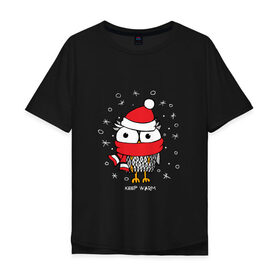 Мужская футболка хлопок Oversize с принтом Сова в шапке , 100% хлопок | свободный крой, круглый ворот, “спинка” длиннее передней части | Тематика изображения на принте: зима | новый год | подарок | рождество | сова