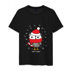 Мужская футболка хлопок с принтом Сова в шапке , 100% хлопок | прямой крой, круглый вырез горловины, длина до линии бедер, слегка спущенное плечо. | Тематика изображения на принте: зима | новый год | подарок | рождество | сова