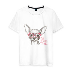Мужская футболка хлопок с принтом Чихуахуа в розовых очках , 100% хлопок | прямой крой, круглый вырез горловины, длина до линии бедер, слегка спущенное плечо. | домашние животные | пес | собака