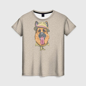 Женская футболка 3D с принтом Немецкая овчарка в шляпке , 100% полиэфир ( синтетическое хлопкоподобное полотно) | прямой крой, круглый вырез горловины, длина до линии бедер | домашние животные | овчарка | пес | собака