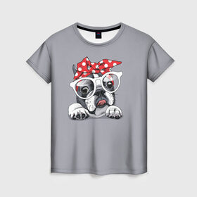 Женская футболка 3D с принтом Бульдог в очках_2 , 100% полиэфир ( синтетическое хлопкоподобное полотно) | прямой крой, круглый вырез горловины, длина до линии бедер | бульдог | домашние животные | пес | песик | собака | собачка | французский бульдог