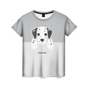 Женская футболка 3D с принтом Dalmatian Puppy , 100% полиэфир ( синтетическое хлопкоподобное полотно) | прямой крой, круглый вырез горловины, длина до линии бедер | далматин | далматинец | домашние животные | пес | песик | собака | собачка | терьер | шпиц