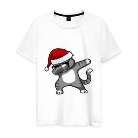 Мужская футболка хлопок с принтом DAB Cat Santa , 100% хлопок | прямой крой, круглый вырез горловины, длина до линии бедер, слегка спущенное плечо. | Тематика изображения на принте: даб | кот | новогодний | рождество | шапка