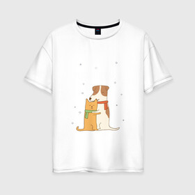 Женская футболка хлопок Oversize с принтом Кот и пес , 100% хлопок | свободный крой, круглый ворот, спущенный рукав, длина до линии бедер
 | год собаки | котик | мемес | москва | новый год | россия | собака