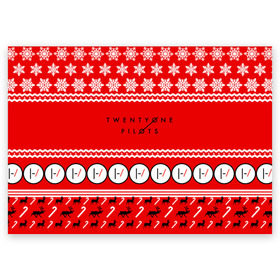 Поздравительная открытка с принтом Праздничный Twenty One Pilots , 100% бумага | плотность бумаги 280 г/м2, матовая, на обратной стороне линовка и место для марки
 | 21 pilots | красный | новогодний | рождество | снежинки