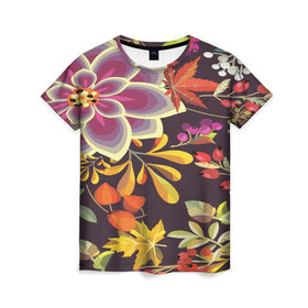 Женская футболка 3D с принтом Осенние мотивы , 100% полиэфир ( синтетическое хлопкоподобное полотно) | прямой крой, круглый вырез горловины, длина до линии бедер | fashion | flower | акварельные цветы | краски | осень | природа | рисованные цветы | розы | цветы