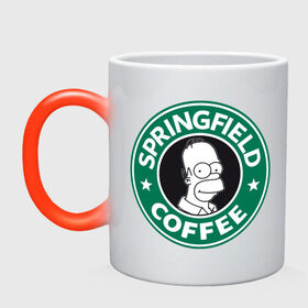 Кружка хамелеон с принтом Springfield Coffee , керамика | меняет цвет при нагревании, емкость 330 мл | Тематика изображения на принте: homer | simpsons | гомер | лого | спрингфилд | старбакс