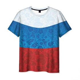 Мужская футболка 3D с принтом Россия хохлома триколор , 100% полиэфир | прямой крой, круглый вырез горловины, длина до линии бедер | russia | россия | россия триколор | россия хохлома | триколор | флаг рф | хозлома | хохлома