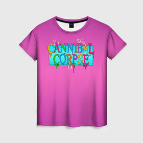 Женская футболка 3D с принтом Cannibal Corpse , 100% полиэфир ( синтетическое хлопкоподобное полотно) | прямой крой, круглый вырез горловины, длина до линии бедер | band | cannibal corpse | fun | logo | metal | music | rock | группа | детский | метал | музыка | прикол | розовый | рок