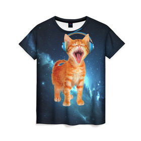 Женская футболка 3D с принтом Котёнок в наушниках , 100% полиэфир ( синтетическое хлопкоподобное полотно) | прямой крой, круглый вырез горловины, длина до линии бедер | Тематика изображения на принте: кот | кошка | музыка
