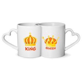 Кружки парные с принтом King & Queen , белая керамика | круглая кружка — 220 мл, кружка с выемкой — 200 мл | Тематика изображения на принте: 14 февраля | жена | мама | муж | муж и жена | папа | пара | подарок | родители | царица | царь