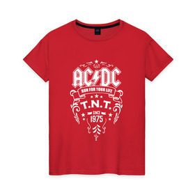 Женская футболка хлопок с принтом AC/DC run for your life , 100% хлопок | прямой крой, круглый вырез горловины, длина до линии бедер, слегка спущенное плечо | ac dc | acdc ас дс | асдс