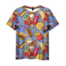 Мужская футболка 3D с принтом Fastfood , 100% полиэфир | прямой крой, круглый вырез горловины, длина до линии бедер | chicken | coffee | cola | drink | dunts | eat | fastfood | frenchfires | hotdog | lollypop | pizza | sweets | бургер | еда | кола | кофе | лимонад | напитки | пицца | пончик | фастфуд | хотдог