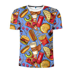 Мужская футболка 3D спортивная с принтом Fastfood , 100% полиэстер с улучшенными характеристиками | приталенный силуэт, круглая горловина, широкие плечи, сужается к линии бедра | Тематика изображения на принте: chicken | coffee | cola | drink | dunts | eat | fastfood | frenchfires | hotdog | lollypop | pizza | sweets | бургер | еда | кола | кофе | лимонад | напитки | пицца | пончик | фастфуд | хотдог